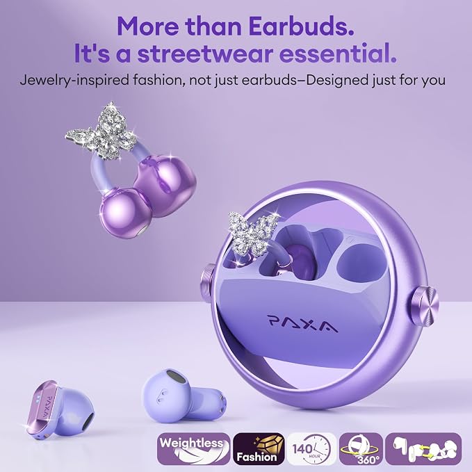 PAXA 3 in 1 Ctbuds Stylish Jewelry-Style Clip on Open Ear Headphones Wireless Earbuds, Instant Earring Mode, Ultra-Long 140H Play, Bluetooth 6.0, All-Day Wear for Work Fitness Daily Use, Purple