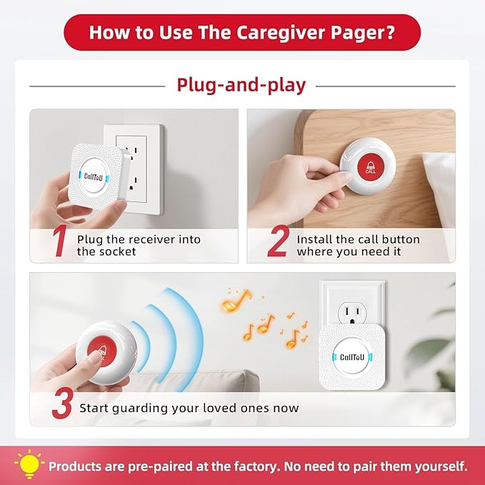 CallToU Caregiver Pager Wireless Call Button Nurse Alert System 500+ Feet for Home/Elderly/Patient/Disabled 1 Plugin Receiver 1 Waterproof Transmitter 1 Watch Transmitter