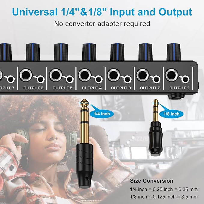 LZSIG Headphone Amplifier with Bass Boost, 8 Channel, 1 IN 8 OUT, DC 12V | Metal Stereo Audio Amplifier, Mini Earphone Splitter with Power Adapter, 1/4" & 1/8" TRS Headphones Output & TRS Audio Input
