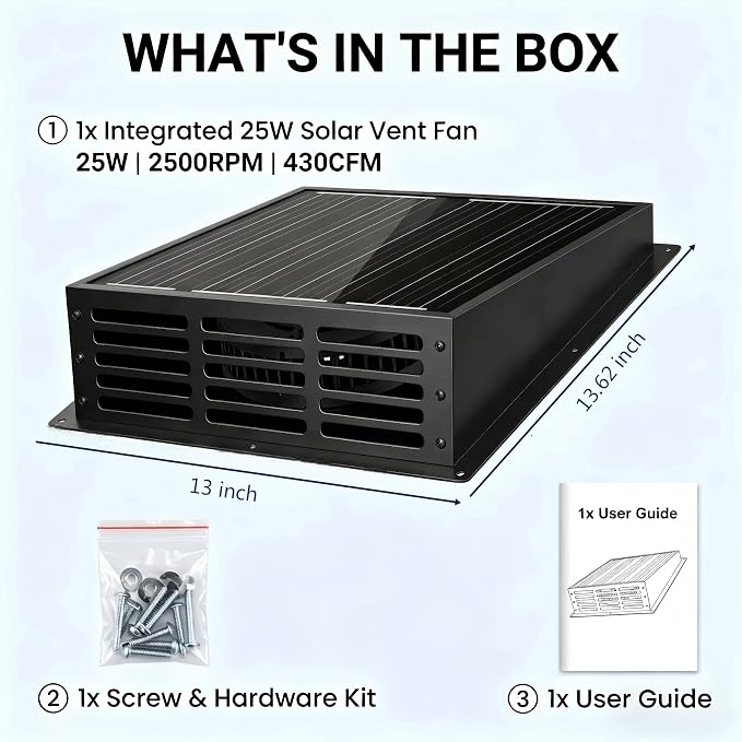 25W Solar Powered Exhaust Fan, 430 CFM High Airflow Attic Fan with 12V Monocrystalline Panel, Weatherproof Ventilation Kit for Chicken Coop, Greenhouse, Shed, Garage and RV, Easy Install