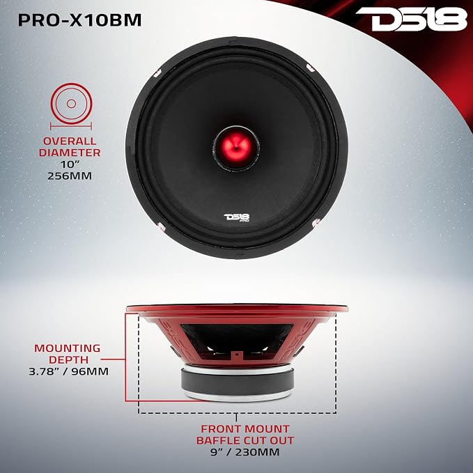 DS18 PRO-X10BM Loudspeaker - 10", Midrange, Red Aluminum Bullet, 600W Max, 300W RMS, 8 Ohms - Premium Quality Audio Door Speakers for Car or Truck Stereo Sound System (1 Speaker)