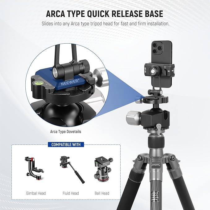 NEEWER SP-02 Phone Tripod Mount Adapter with Arca Type Quick Release Plate Cold Shoe 360° Rotation 180° Tilt Cleaning Cloth, Foldable Holder Compatible with iPhone Android Samsung for Video Recording