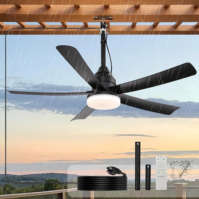 AHAWILL Outdoor Ceiling Fan with Light,42" Gazebo Fan,3CCT Dimmable,Waterproof Plug in Ceiling Fan,Outdoor ceiling Fans for Patios,Porch,Gazebo.Black