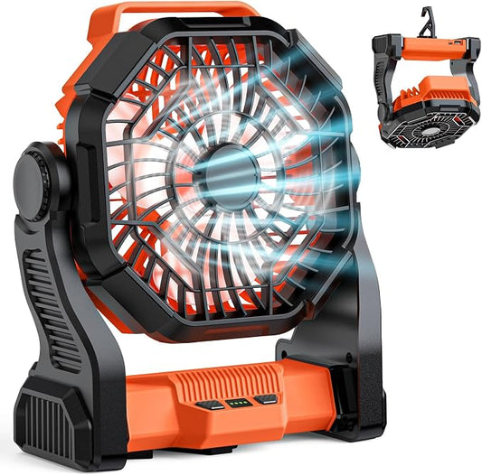MATULSA Portable Rechargeable Camping Fan, 10-Inch Battery Operated Fan, Quiet Table Fan with LED Lights, 4 Fan Speeds and 125°Rotation, Rechargeable Beach fan for Travel, Fishing, Picnic, Orange