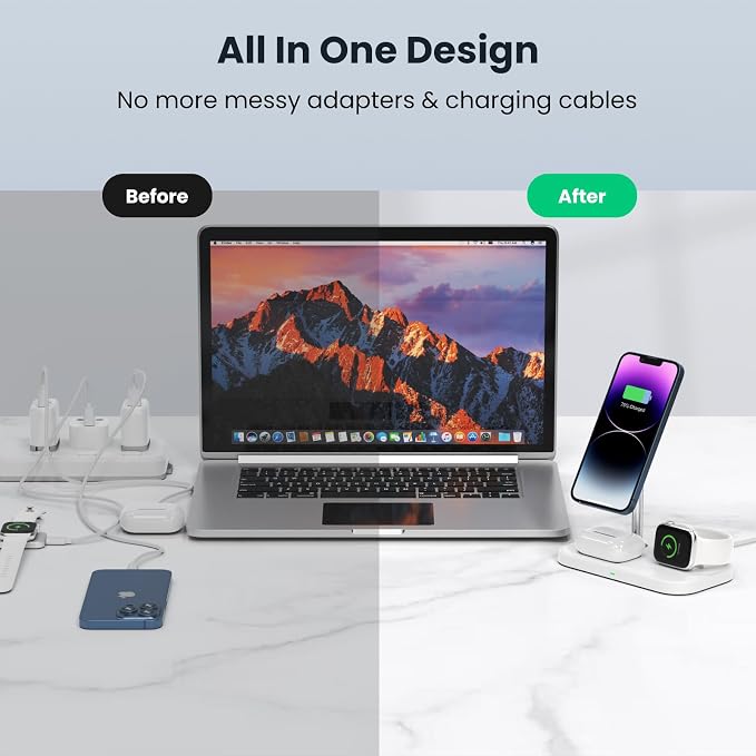 3 in 1 Wireless Charging Station for Apple Devices, MagSafe Charger Stand with 30W Adapter, Wireless Charger for iPhone 15/14/13/12 Series, Apple Watch Series 1-9 and AirPods (White)