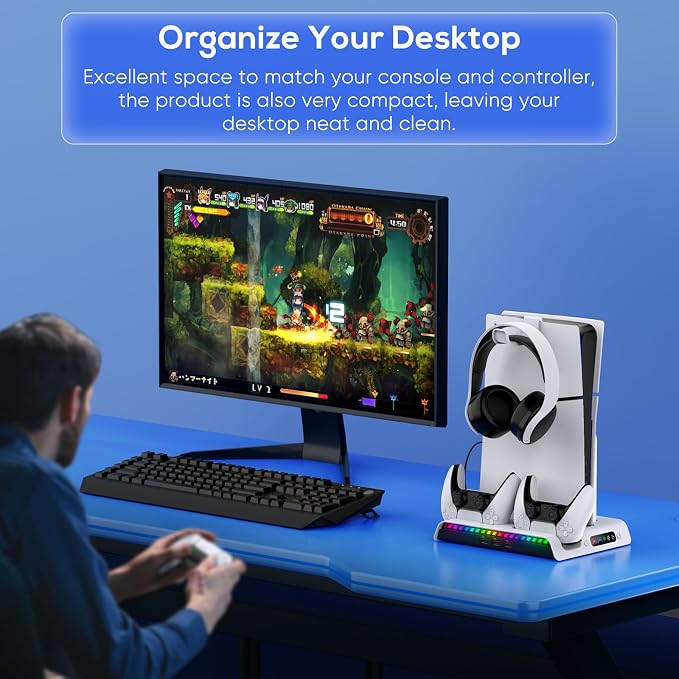 FASTSNAIL Charging Stand with Cooling Fan for PS5 Pro/Slim Console, Vertical Controller Charger Station with 9 RGB Lights & Headset Hook & 3-Level Silent Fan, Cooler Accessories for PS5 Pro/Slim