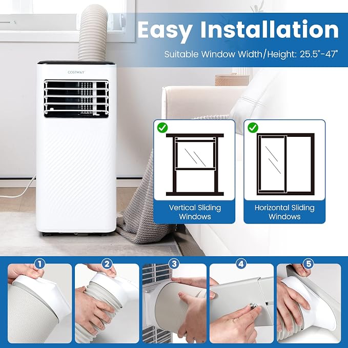 COSTWAY Portable Air Conditioner, 10000 BTU AC Unit with Cool, Fan, Dehumidifier & Sleep Mode for Rooms up to 350 Sq.Ft, with 24H Timer, Child Lock, Remote Control & Window Kit (White and Black)