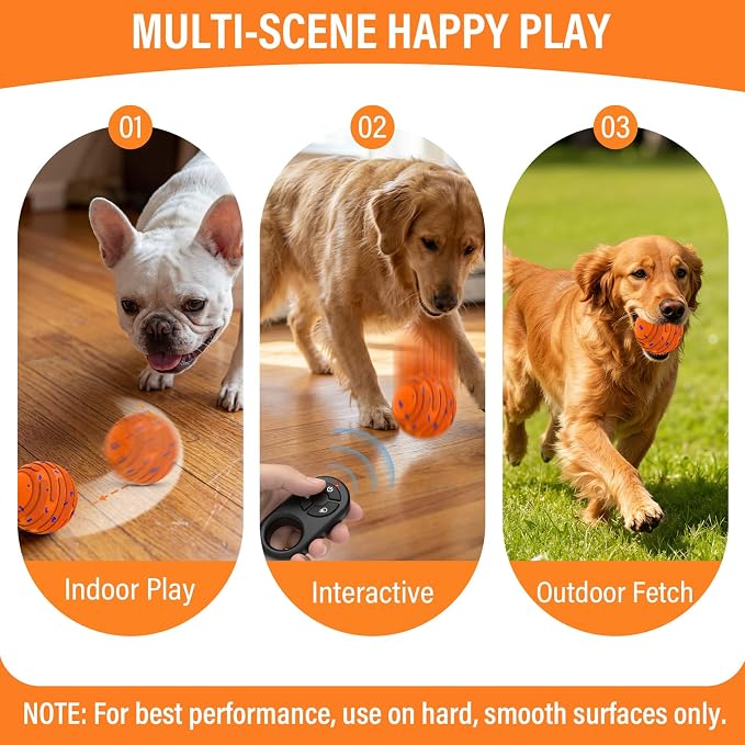 Smart Interactive Dog Toy Ball, Automatic 3 Modes Moving Ball with Remote Control for Medium Large Dogs, Rechargeable Waterproof E-TPU Bouncing & Rotating Toy to Keep Busy (Bright Orange)