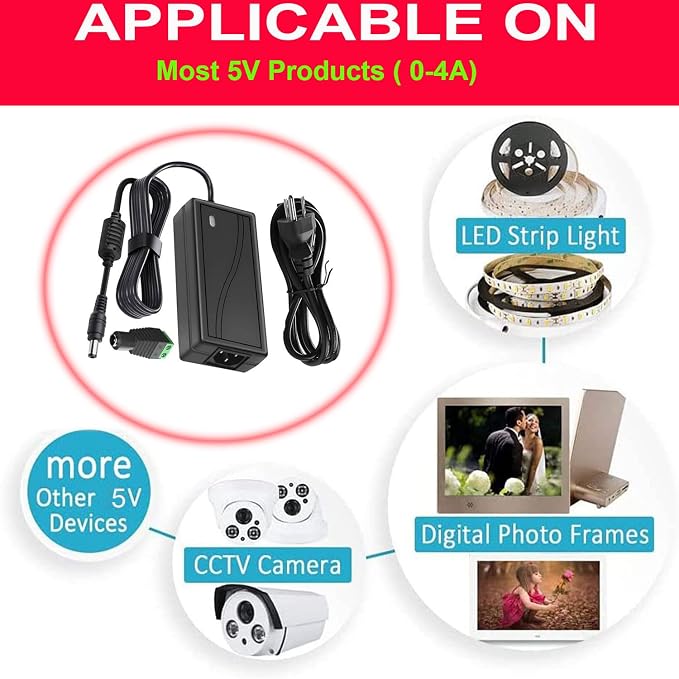 Power Supply, 5V Power Transformers, AC 100-240V to DC 5V 4A Power Supply LED Adapter, 20 Watt Max, for LED Strip Neon Rope String Lights, Computer Project, Recorder, TV Screen