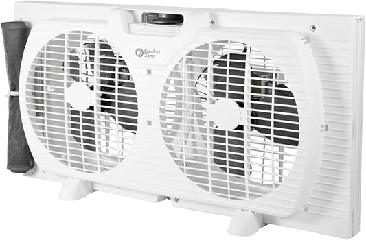 Comfort Zone 9-Inch 3-Speed Reversible Twin Window Fan – Dual Blade Window Exhaust Fan with Auto-Locking Expanders, 22.25" to 33" Wide – Tabletop Feet & Removable Bug Screen included