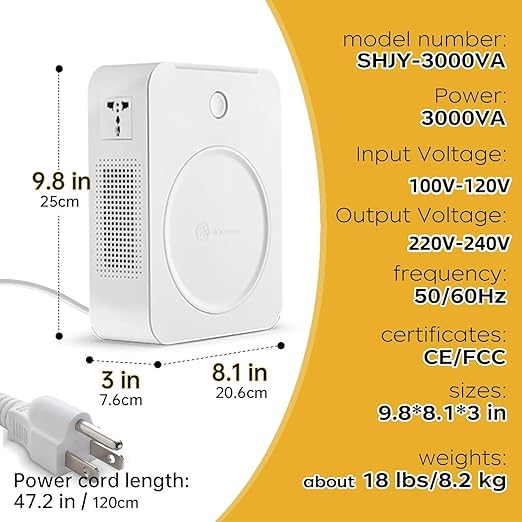 SUNSHUN 3000W 110v to 220v Converter Step Up Voltage Transformer 110v/120V to 220V/240V with 2 Output Sockets for Europe Asia Appliances Used in US 3000 Watts White