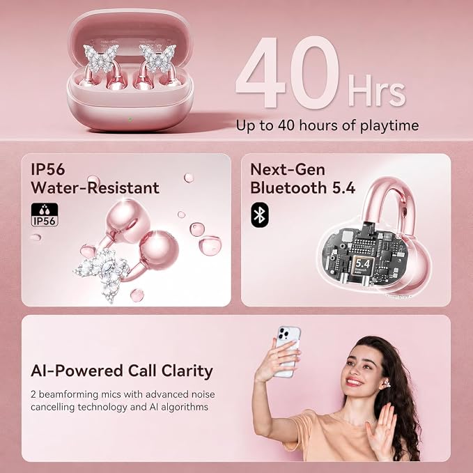 Kinglucky Gen2 Clip-On Open Ear Earbuds with Sparkle Butterfly Earrings, Earrings-On Storage Case, Bluetooth 5.4 Wireless Headphones for Women, 40H Playtime, Comfortable Fit for Small Ears, Rose Gold