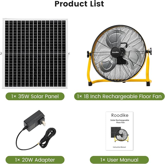 18" Solar Rechargeable Floor Fan, 35W Solar Powered Battery Operated Fans for Outdoor Garden Greenhouse Barn Stable Camping Garage Air Circulation Cooling