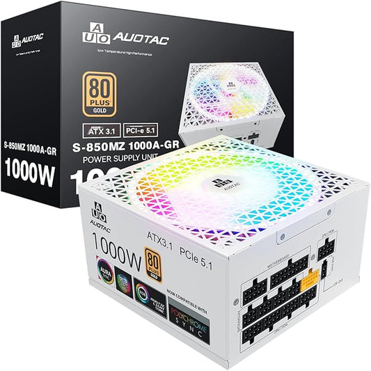 1000W Fully Modular Power Supply, 80+ Gold Certified PSU, ATX 3.1 & PCIe 5.1 Ready, 12V-2x6 Native Connector, 140mm RGB Low-Noise Smart Fan, 105℃ Japanese Capacitors, White