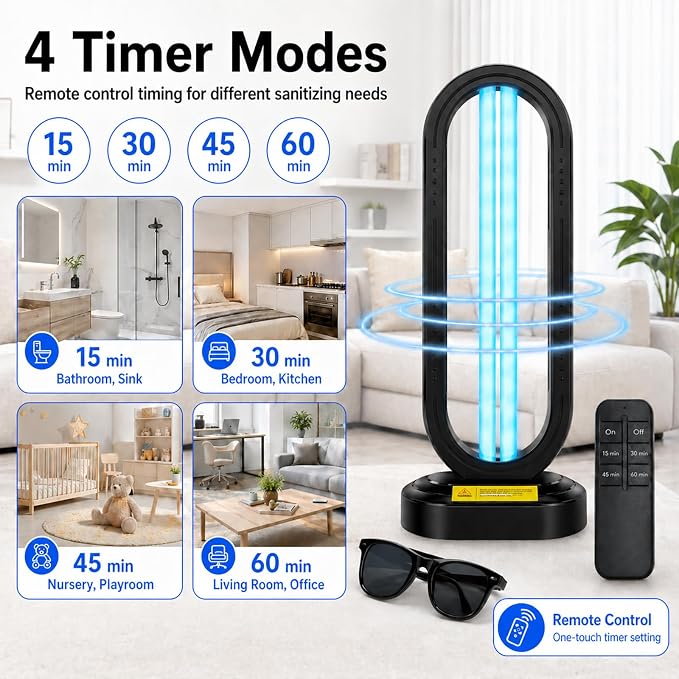 Feefir Portable UV Light Sanitizer Lamp for Room,360° Ozone UV Lamp | Ultraviolet Light ,4 Timer Modes 15/30/45/60 Min,Effectively Mold Remover and Dust Mites,UV Sanitizer Light for Home,Office