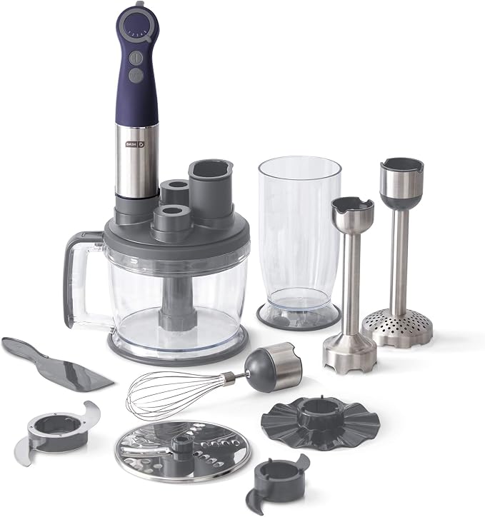 Dash Chef Series Deluxe Immersion Hand Blender Set, 5 Speed, 330W with Food Processor, Whisk, Masher and Dough Hook Attachments, Stainless Steel Blades for Soups, Sauces, Smoothies & Purées - Midnight