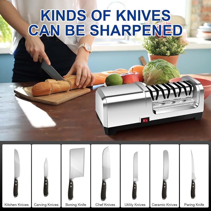 YBSVO 4-Stage Professional Electric Knife Sharpener | Heavy Duty Diamond Sharpening System for Straight & Serrated Knives - Quiet Motor for Kitchen & Chef Use