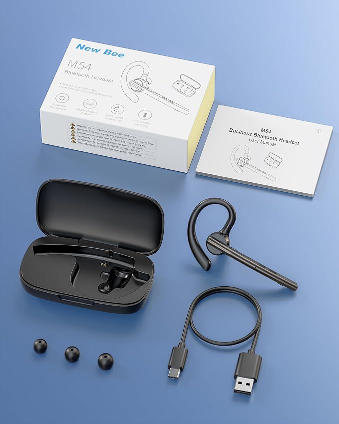 New Bee Bluetooth Headset V5.1 72H Talk Time Dual Mic with Mute Button for Business, Wireless Hand-Free Bluetooth Earpiece with 500mAh Charging Case for Cell Phone Calls Trucker Driver Laptop