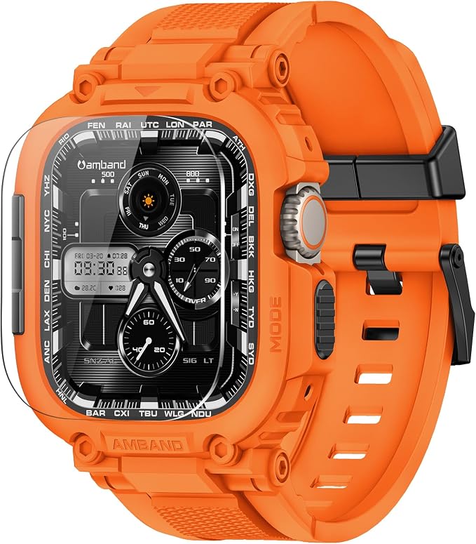 amBand Bands Case Screen Protector Compatible with Apple Watch Ultra 3/2/1 49mm, M1 Sport Series Rugged Cover Strap and 9H Tempered Glass Film, Protective Bumper for iWatch 49 mm Men Orange