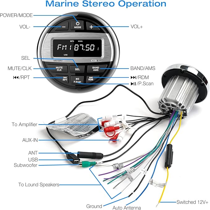 Bluetooth Marine Radio Boat Stereo: Waterproof Boat Audio Receiver - Digital Marine Grade Player with FM AM Radio USB AUX-in Subwoofer Pre-Amp EQ