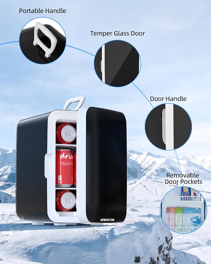 Antarctic Star Mini Personal Fridge Cooler, 10L Portable Compact Refrigerator, 2.6 Gal Small Cooler with AC/DC Adapters for Beverages, Food, Skincare, Bedroom, Office, Dorm Room, or Cabin, Black
