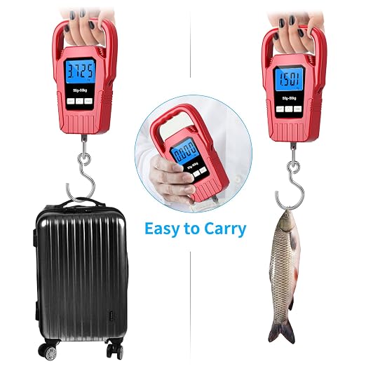 Digital Fish Scale Hanging Scale Fishing Scale,110lb/50kg Luggage Scale,Upgrade Large Handle & Backlit LCD Display, Electronic Balance Digital Fishing Postal Scale, Red, Fishing Gifts for Men