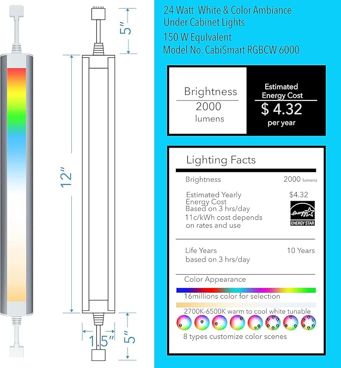 Smart Under Cabinet Lighting Strip Lights White & Color Changing Dimmable Work with Alexa Google Smart Thing Phone App, RGB Multi Colored Lamp for Kitchen Counter Light Fixture (6 Lights Bar Kit)