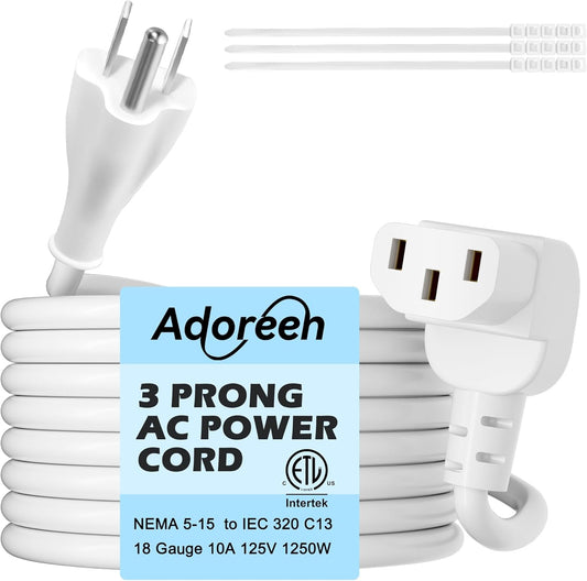Adoreen 15 Ft Computer TV Replacement Power Cord White, 90 Degree Angled L-Shaped 18AWG 3-Prong AC Universal Power Supply Cable NEMA 5-15P to IEC 320 C13 for Printer, PC, Monitor TV LCD, ETL+Ties