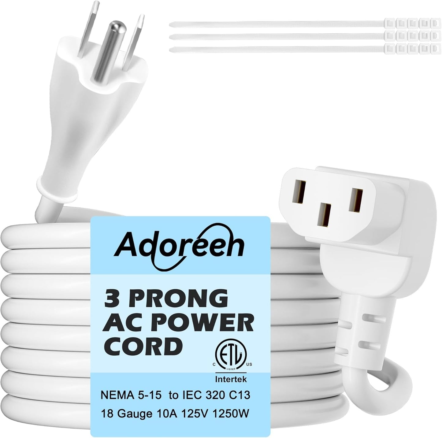 Adoreen 6 Ft Computer TV Replacement Power Cord White, 90 Degree Angled L-Shaped 18AWG 3-Prong AC Universal Power Supply Cable NEMA 5-15P to IEC 320 C13 for Printer, PC, Monitor TV LCD, ETL+Ties