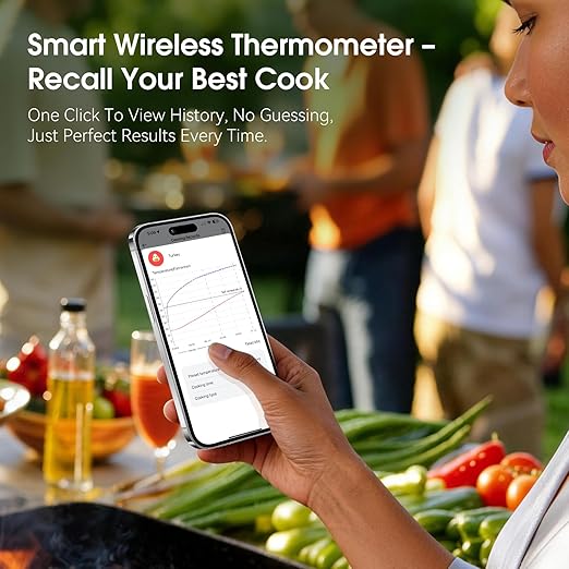 BBQOVN Smart WiFi Wireless Meat Thermometer, Sub-1G Long Range 1000FT, 7 NIST Certified Sensors in 1 Thinner Probe ±0.5℉ Accuracy, Standalone Base with App, IP68 Waterproof for BBQ Grill Smoker Oven