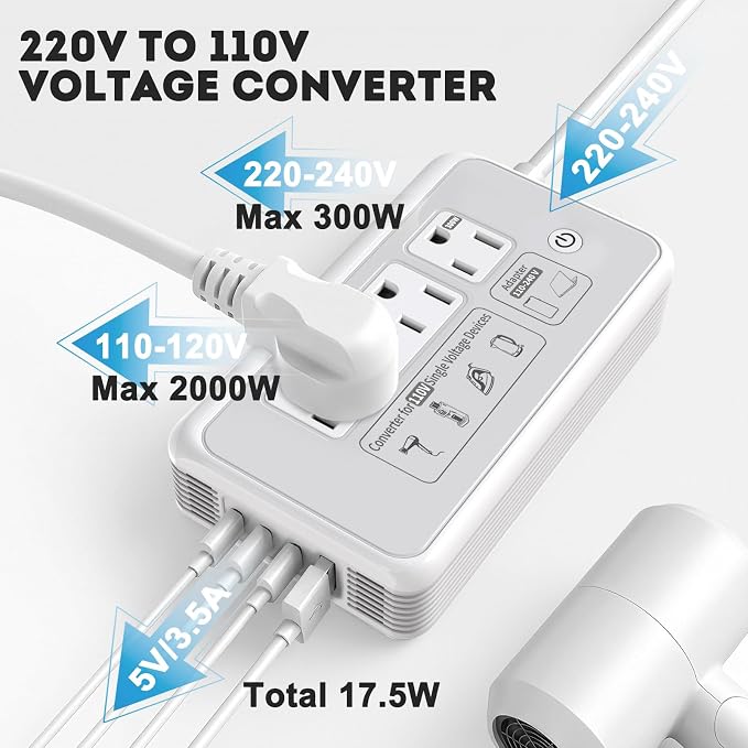 Mapambo 2000W 220V to 110V Converter for Hair Dryer, Voltage Converter US to Europe (Gray)