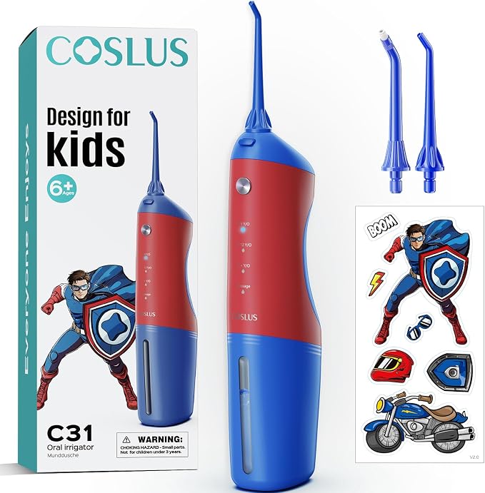 COSLUS C31 Kids Water Dental Flosser Deep Cleaning Picks Portable 4 Modes for Ages 6+ Safe Waterproof Rechargeable with 2 Jet Tips for Gums Care Red Blue