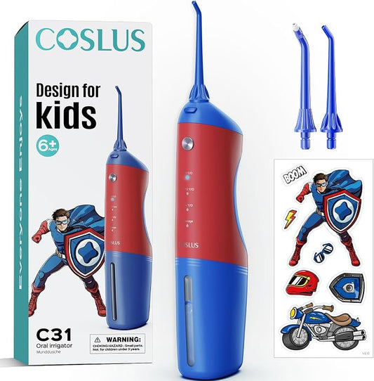 COSLUS C31 Kids Water Dental Flosser Deep Cleaning Picks Portable 4 Modes for Ages 6+ Safe Waterproof Rechargeable with 2 Jet Tips for Gums Care Red Blue