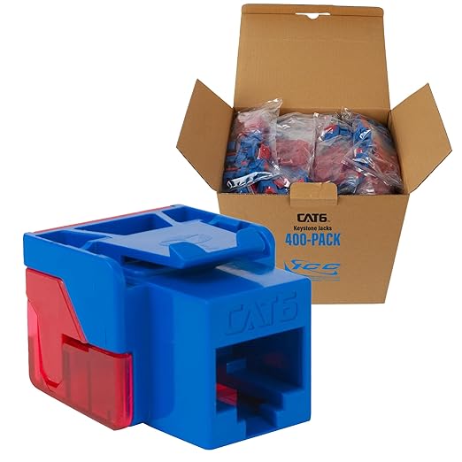 ICC CAT6 Keystone Jack with Inline IDC No Pair Split Wiring (Easier Termination) UL Listed PoE++ TAA Compliant for Wall Plate or Patch Panel, Works with JackEasy Termination Tool, Blue, 400 Pack