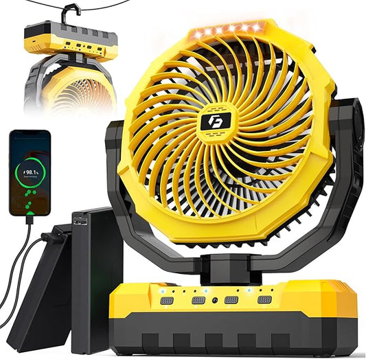 36000mAh Portable Camping Fan - 120HRS Rechargeable Fan with Detachable Battery with LED & Remote - 4 Speeds Battery Powered for Tent,Travel, Office, Jobsite
