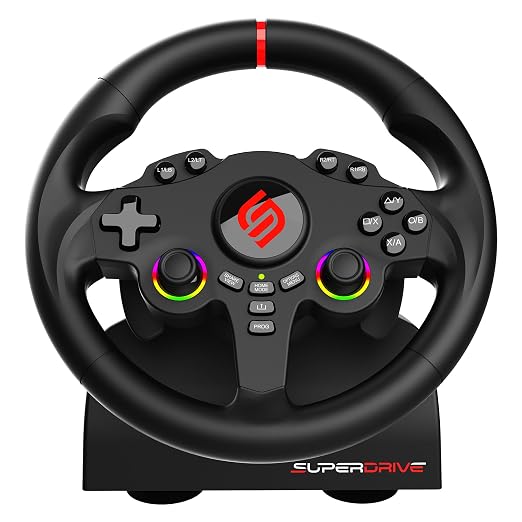 SUBSONIC Superdrive 220RS Racing Wheel Switch 2/Switch PS4 PC Xbox series | Steering Wheel with Dual Joysticks for GTA 6 & Famring simulator- LED - Vibration - Diameter 22 cm, Rotation 180° - Pedals