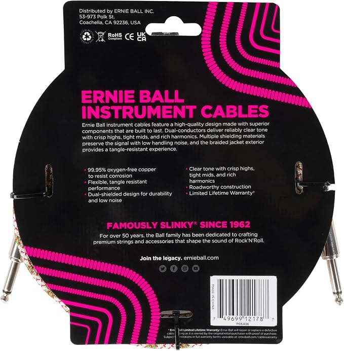 Ernie Ball Braided Instrument Cable Straight/Straight 10ft - Emerald Argyle (P06426)