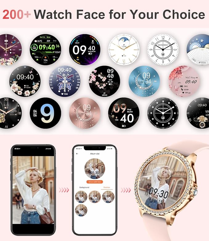 LIGE Smart Watch for Women(Answer/Make Calls),1.3"HD Diamonds Luxury Smartwatch for Android iPhone Phones,Fitness Trackers with 20+ Sport Modes/Heart Rate/IP68 Waterproof/SpO2/Sleep Monitor,Rose gold
