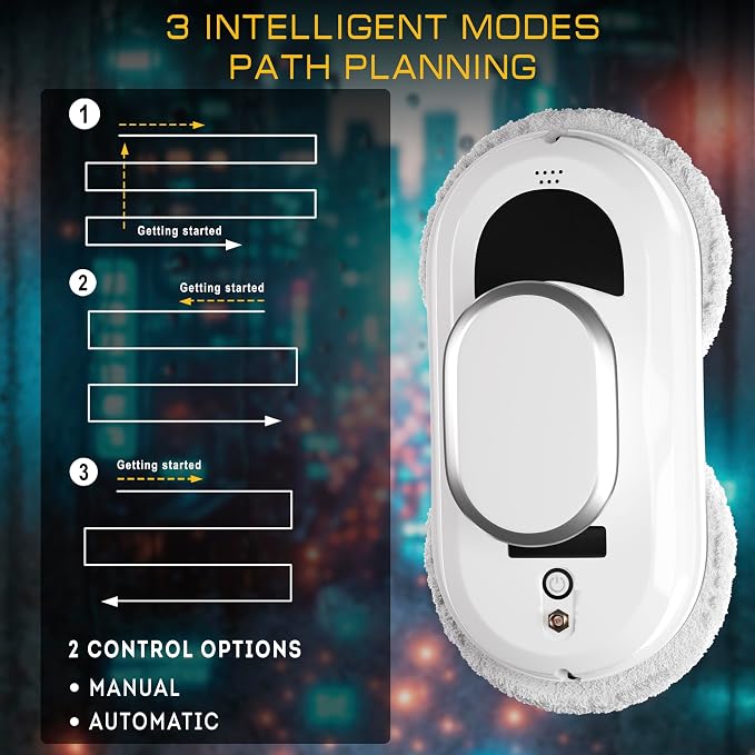 APQ Supply White Automatic Window Cleaner Robot W100, 11.8 x 5.9 x 4.7 Inch, 3 Cleaning Modes, 10 Cloth Pads, Window Glass Vacuum Cleaner, Quiet 72dB