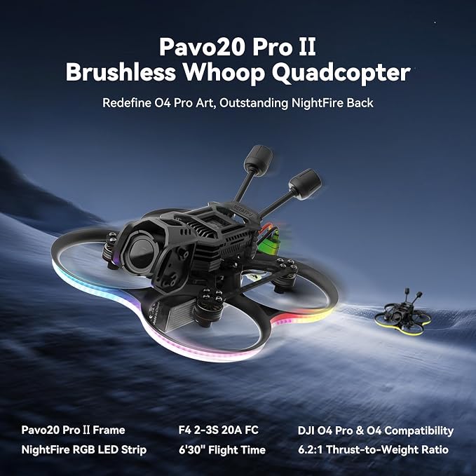 BETAFPV Pavo20 Pro II Brushless Whoop Quadcopter Compatible for O4/O4 Air Unit Pro, with HD VTX Bracket, F4 2-3S 20A AIO FC, LAVA 1104 7200KV Brushless Motors, COB LED Strip for FPV Freestyle Shooting