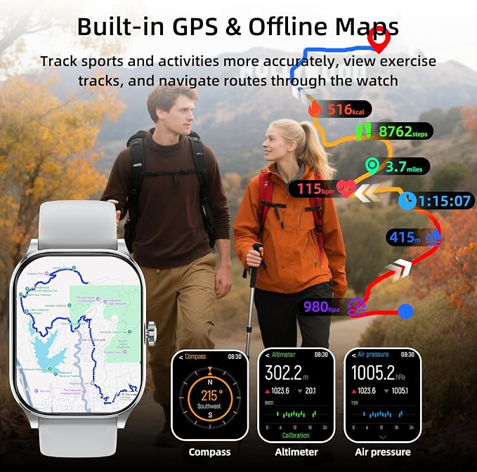 Smart Watch, GPS & Free Maps, 1.96" HD Screen, AI, Bluetooth Call & Text, Health, Fitness & 24/7 Sleep Tracker, 100+ Workout Modes, 5 ATM Water-Resistance, for Men & Women, Android & iOS, 2 Bands