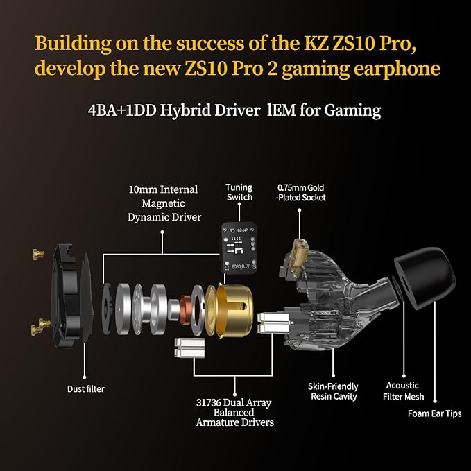 KZ ZS10 Pro 2 USB C Headphones with Mic lEM for Gaming in Ear Monitors Hybrid 4BA+1DD, Deep Bass Comfort-Fit Wired Earbuds High-Definition Decoding DSP with 4 EQ Modes