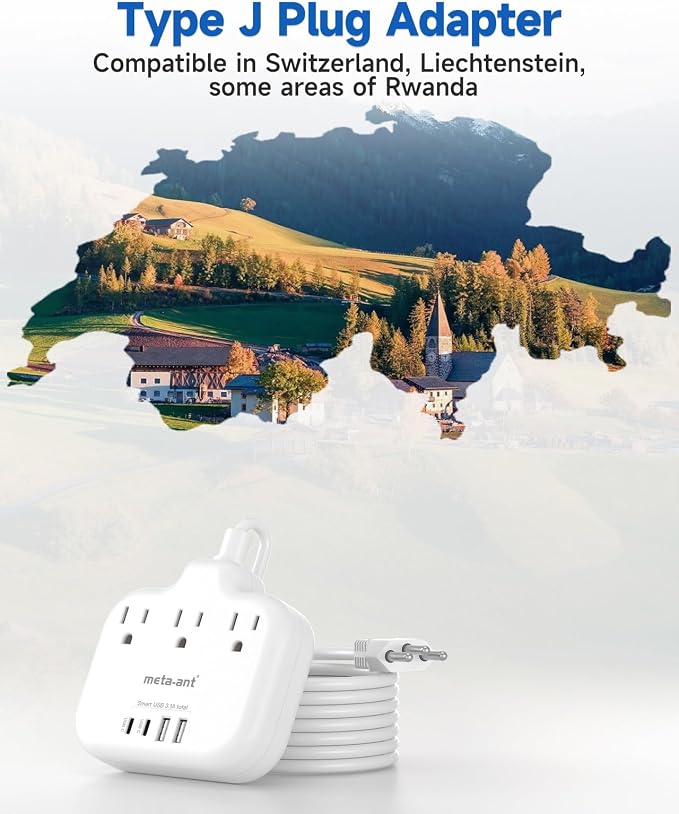 Switzerland Travel Plug Adapter with 5FT Extension Cord, meta-ant Type J Adapter with 3 Outlets 4 USB Ports(2 USB-C), Switzerland Power Adapter for US to Swiss Switzerland Liechtenstein Rwanda