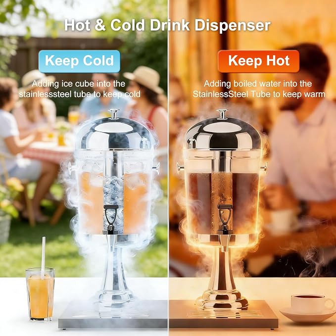 2.2 Gallon Iced Beverage Drink Dispenser, Stainless Steel Water Jar with Stand, Iced Beverage Drink Dispenser for Parties, Commercial Hot Cold Juice, Hot & Cold Drinks