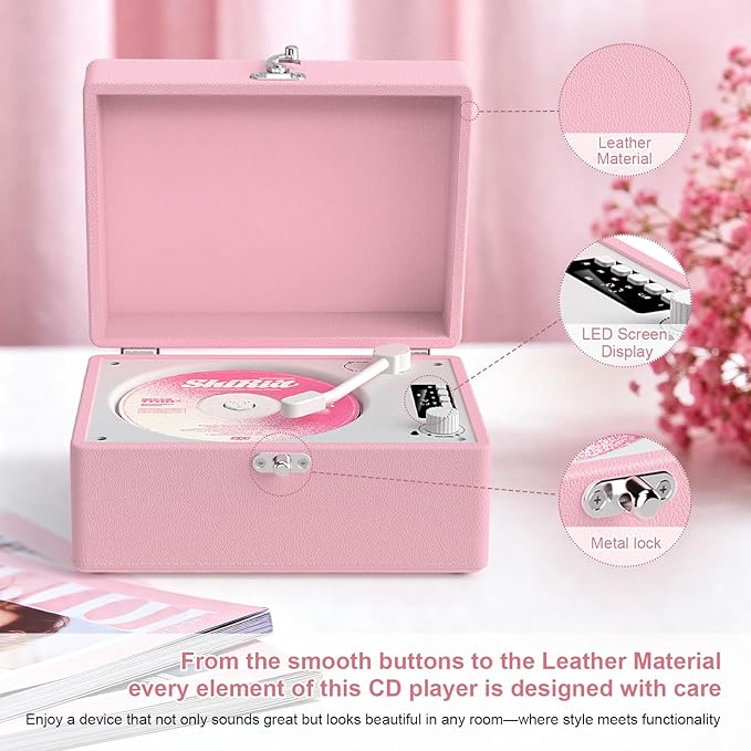 CD Player Portable Bluetooth, Pink CD Player Leather for Home Music Player, Rechargeable Battery & Built-in Speakers, USB & AUX Playback, Vintage CD Stereo for Home Decor Gift(Light Pink)