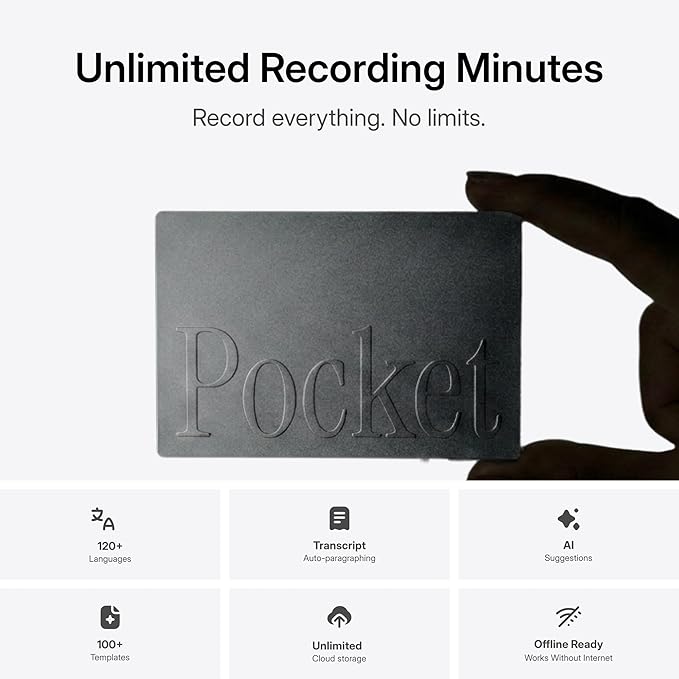 Pocket AI Voice Recorder & Smart Assistant – Auto Transcription, Summaries & Action Items – AI Note Taker for Meetings, Calls & Productivity - Space Grey