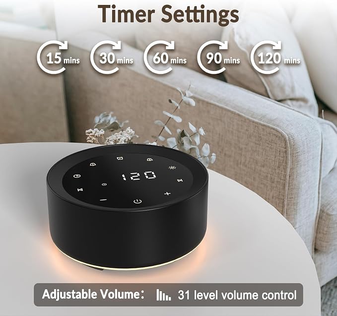 White Noise Machine with Alarm Clock & Night Light for Babies and Adults, 20 Soothing Sounds, Glare-Free Upward Display, Touch Control, Memory Function, 5 Sleep Timers, Black