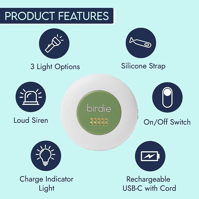 She's Birdie - The Original Personal Safety Alarm Disc for Bikes, Hikes, and Late Nights - Loud Siren, LED Light for Extra Visibility, Rechargeable, Handsfree, Lightweight, Water Resistant (Forest)