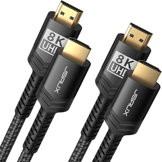 JSAUX 8K HDMI Cable 2.1 2 Pack 15ft, 48Gbps Ultra High Speed HDMI Cable Braided Cord (4K@144Hz, 4K@120Hz, 8K@60Hz) HDCP 2.2&2.3 HDR 10 eARC ARC, Compatible with Switch 2/PS5/Laptop/Monitor/HDTV/-Black