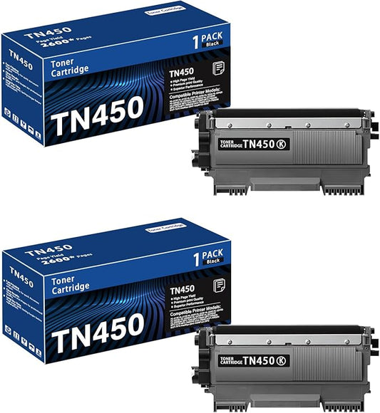 TN450 Black 2-Pack High Yield Toner Cartridge Compatible Brother TN-450 TN 450 Replacement for HL-2240 HL-2270DW HL-2280DW MFC-7360N MFC-7460DN MFC-7860DW IntelliFax 2840 2940 Printer